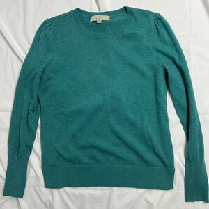 LOFT Teal Crewneck Sweater with Subtle Puff Shoulders